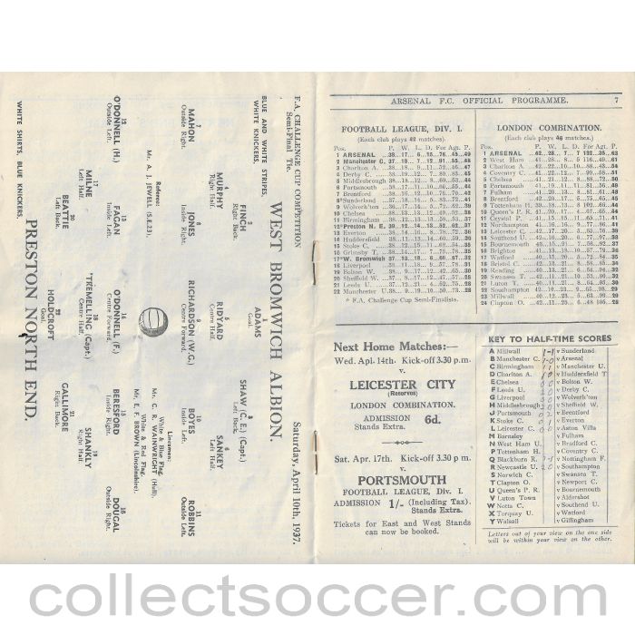 1937 - 1937 FA Cup Semi Final At Arsenal West Bromwich Albion v Preston North End Programme