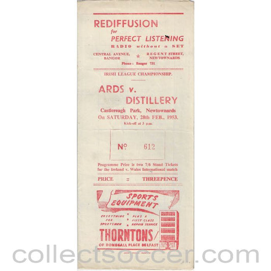 1953 - Ards v Distillery  28/2/1953 Football Programme