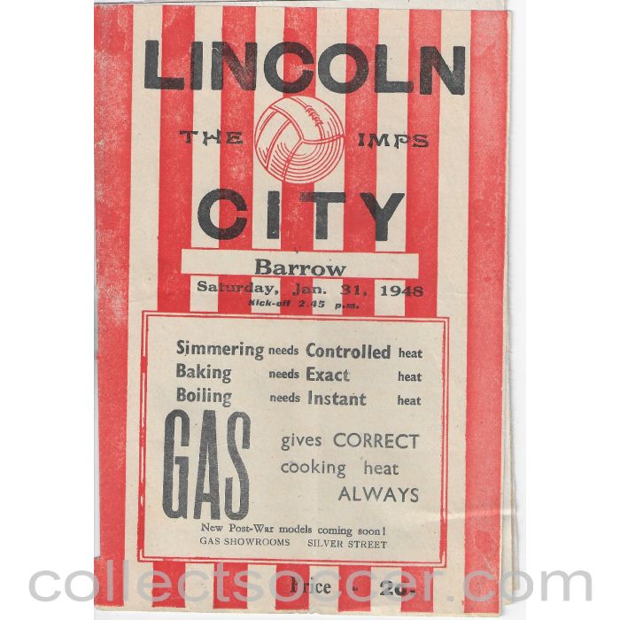1948 - Lincoln City v Barrow 31/1/1948 Football Programme