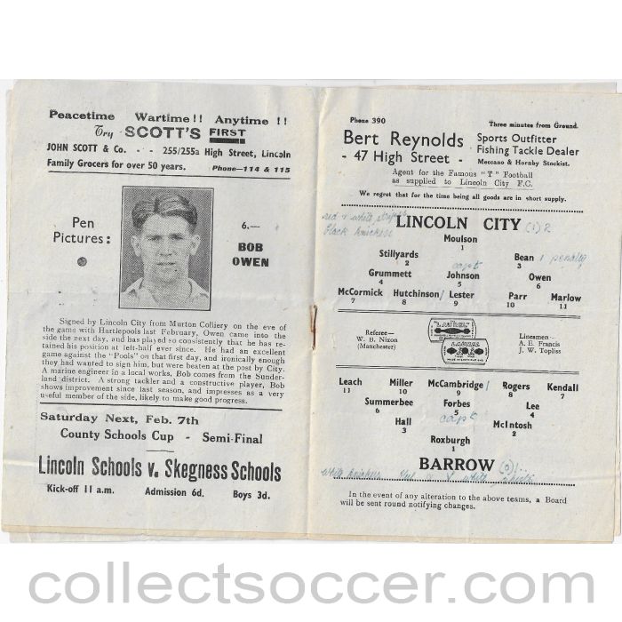 1948 - Lincoln City v Barrow 31/1/1948 Football Programme