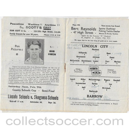 1948 - Lincoln City v Barrow 31/1/1948 Football Programme