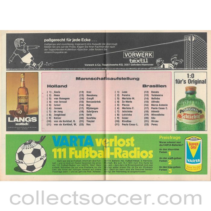 1974 - 1974  Football World Cup Netherlands v Brazil Programme