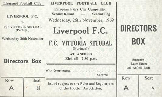 Liverpool v Vitoria Setubal 26/11/1969 Rare Mint Ticket