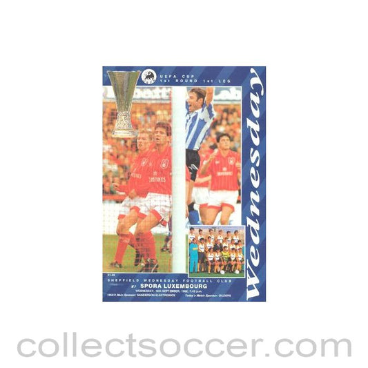 1992 - Sheffield Wednesday v Spora Luxembourg official programme 16/09/1992 UEFA Cup