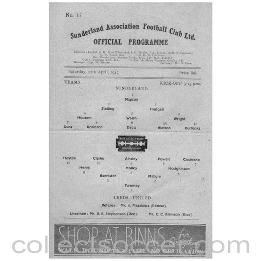 1947 Sunderland v Leeds United Official Programme