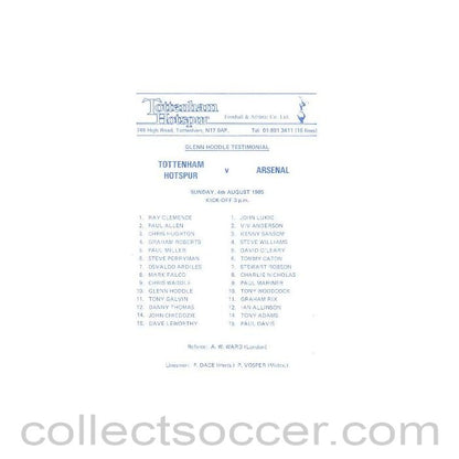 1985 - Tottenham Hotspur v Arsenal official programme 04/08/1985 Glenn Hoddle Testimonial Match