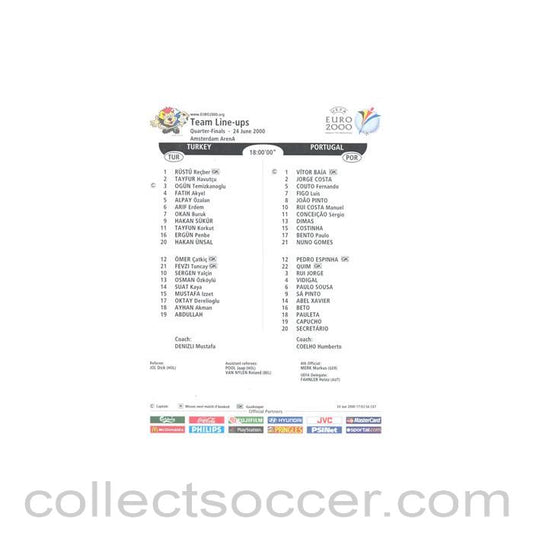 2000 - Euro 2000 - Turkey v Portugal 24/06/2000 Teamsheet