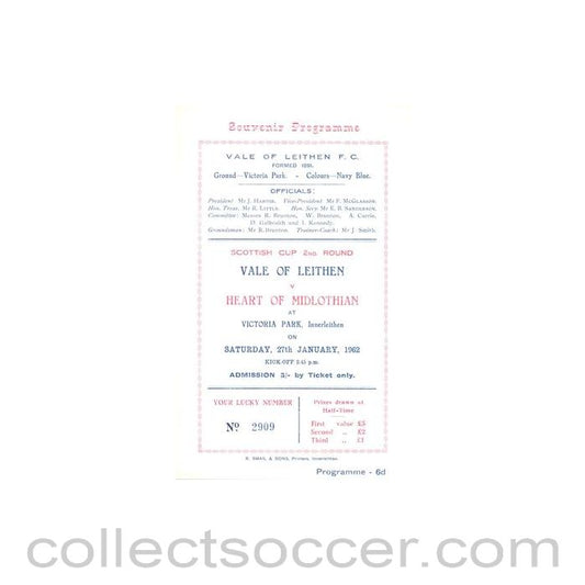 1962 - Vale of Leithen v Heart of Midlothian official programme 27/01/1962 Scottish Cup