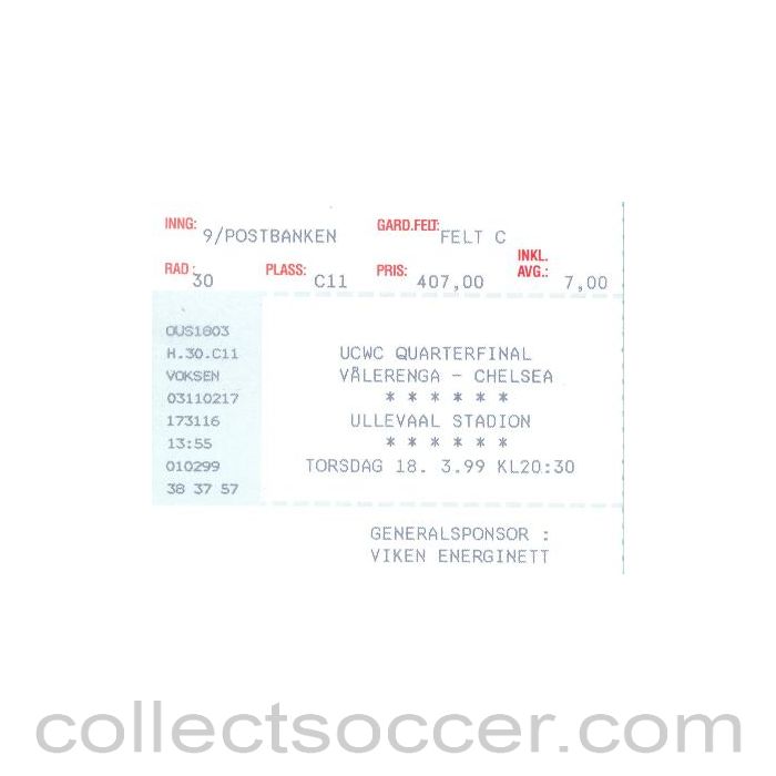 1999 - Valerenga v Chelsea ticket 18/03/1999