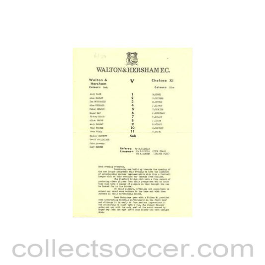 Walton & Hersham v Chelsea XI official teamsheet