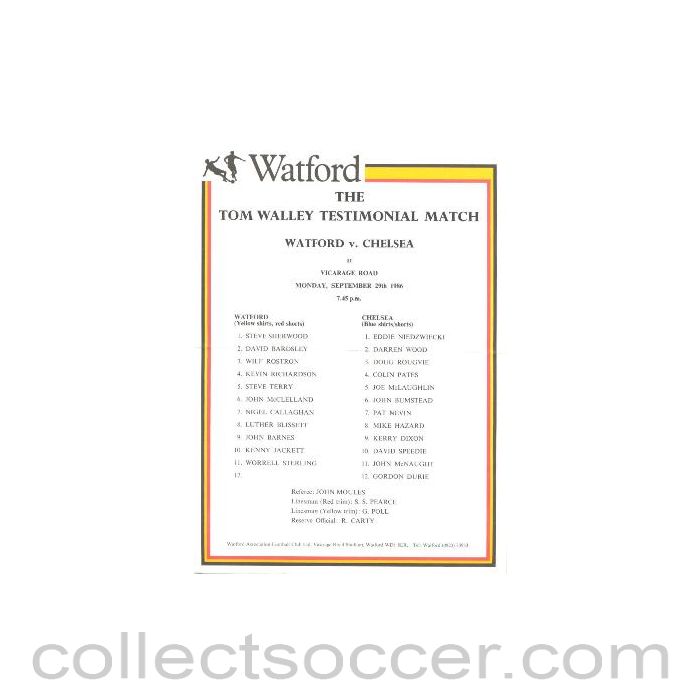 1986 - Watford v Chelsea official teamsheet 29/09/1986