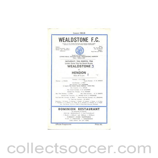 1966 - Wealdstone v Hendon official programme 12/03/1966 London Senior Cup 3rd Round Replay