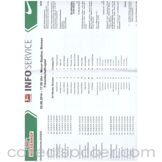 2014 - Werder Bremen v Chelsea Official Huge Teamsheet/Programme 03/08/2014