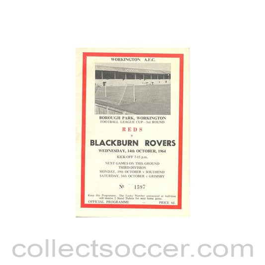 1964 - Workington v Blackburn Rovers official programme 14/10/1964 League Cup