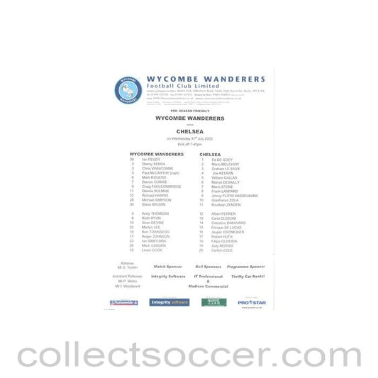 2002 - Wycombe Wanderers v Chelsea official colour teamsheet 31/07/2002 Pre-Season Friendly