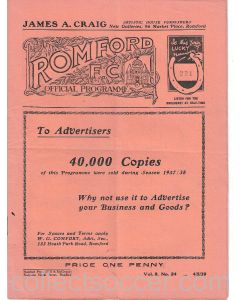 Romford v Walthamstow Avenue 4/5/1939 Official Football Programme