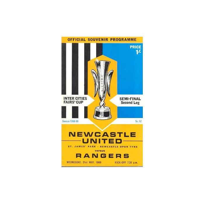1969 Uefa Cup Semi Final 2nd Leg Newcastle United V Glasgow Rangers Official Programme 21 05 1969 24 Pages In Mint Condition